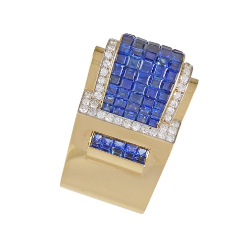 Retro 18ct gold, sapphire and diamond stepped panel brooch by Boucheron, Paris, made by Verger Freres, the stylised buckle strap of architectural design,